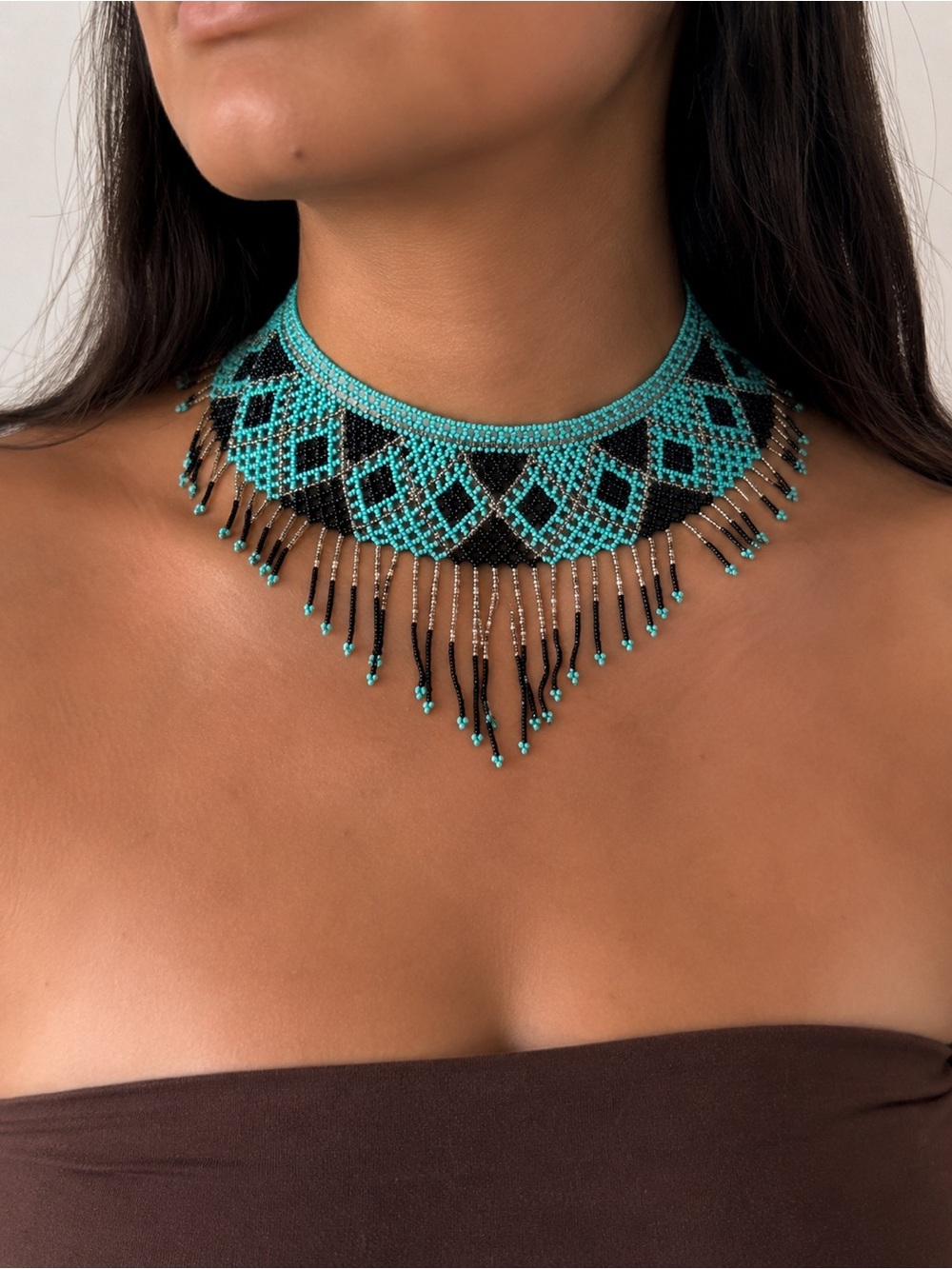Handmade Turquoise and Black Beaded Fringe Necklace